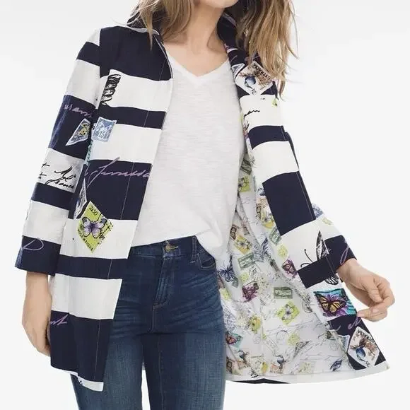 NWT CHICO'S Postcard Striped Jacket Size 2/L Large Stamp Navy Blue White Pockets - Picture 1 of 5